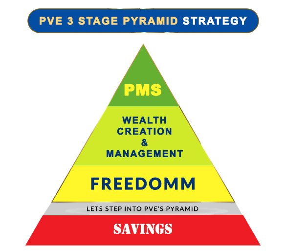 Original PvE three-stage pyramid: FREEDOMM, wealth creation and management, portfolio management services